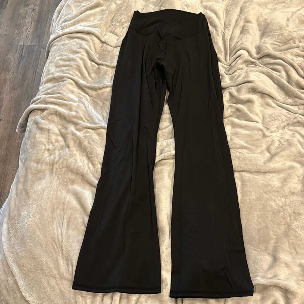 High waisted cross band black flare leggings